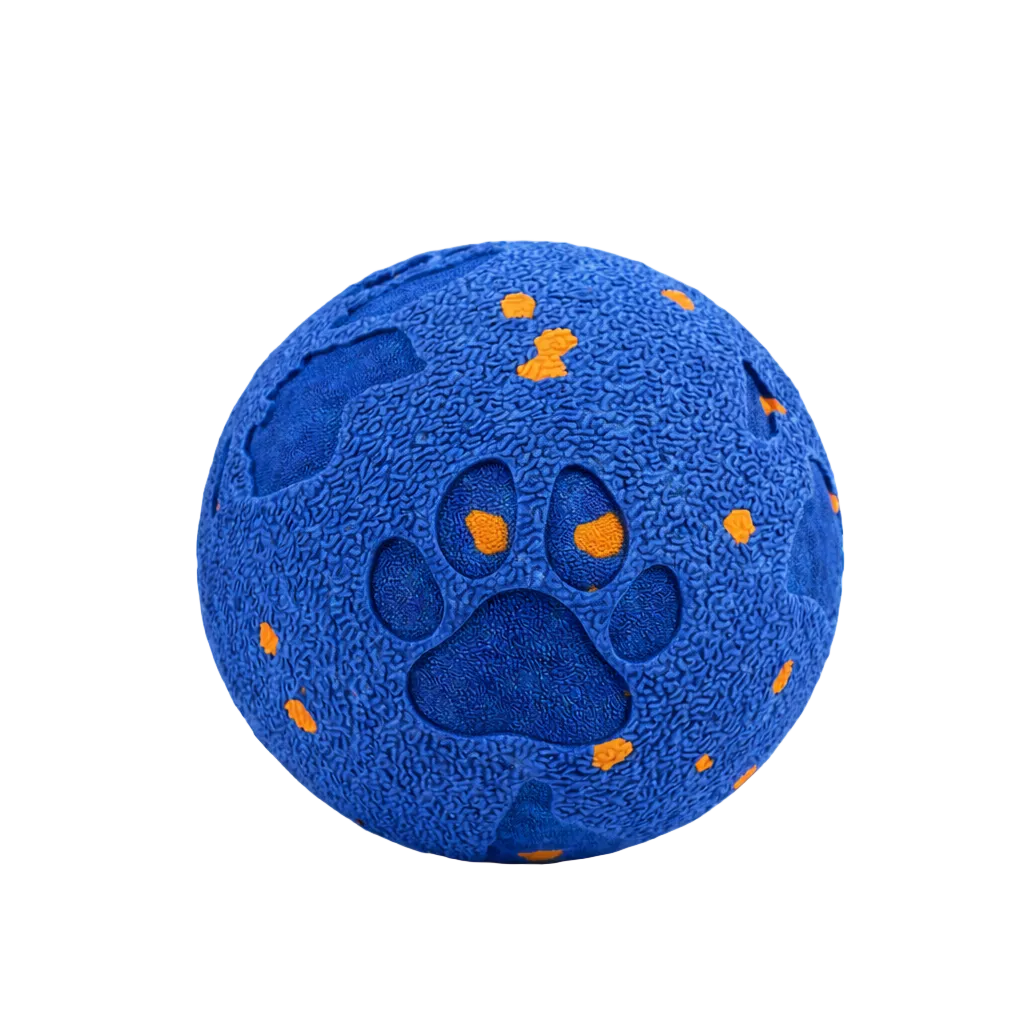 Blue dog toy with paw print design on a white background