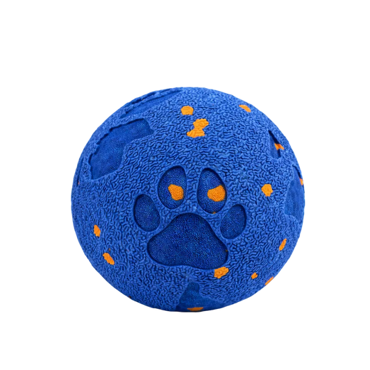 Blue dog toy with paw print design on a white background